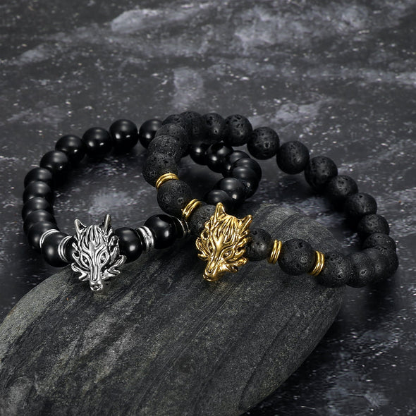 Explore Wolf Head and Lava Stone Bracelet