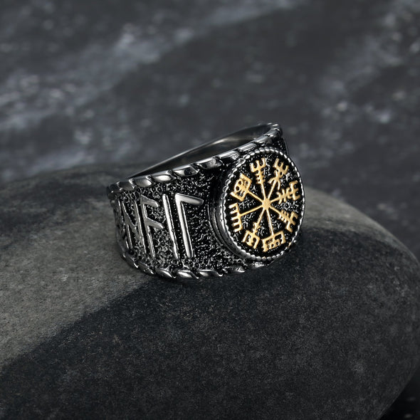 Explore Handcrafted Stainless Steel Vegvisir and Runes Ring