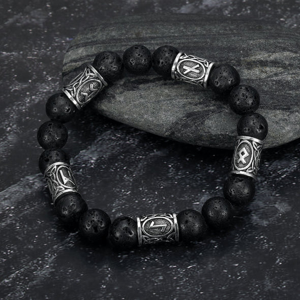 Explore Silver Rune and Black Lava Stone Bracelet