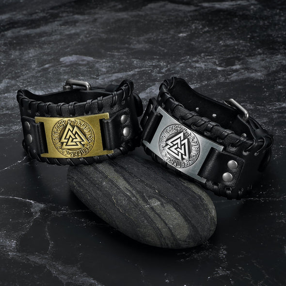 Explore Leather Buckle Arm Cuff With Metal Valknut Design