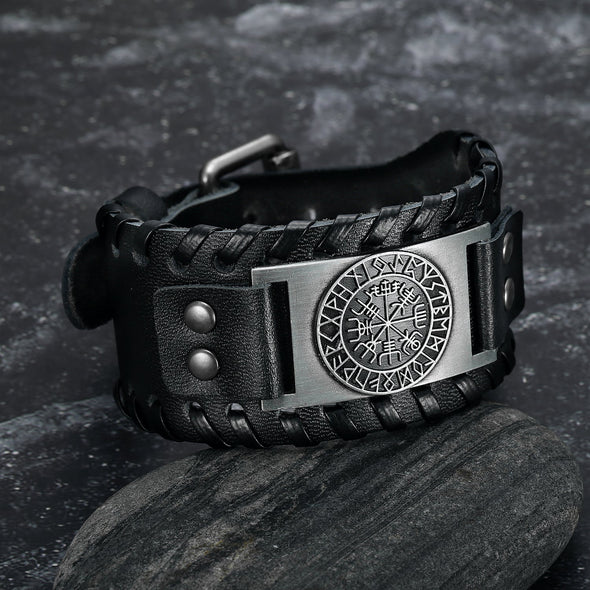 Explore Leather Buckle Arm Cuff With Metal Vegvisir Design