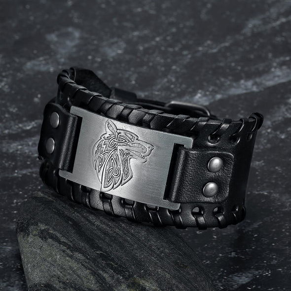 Explore Leather Buckle Arm Cuff With Fenrir Design