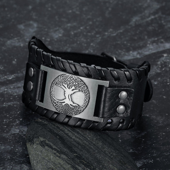 Explore Leather Buckle Arm Cuff With Metal Tree of Life / Yggdrasil Design