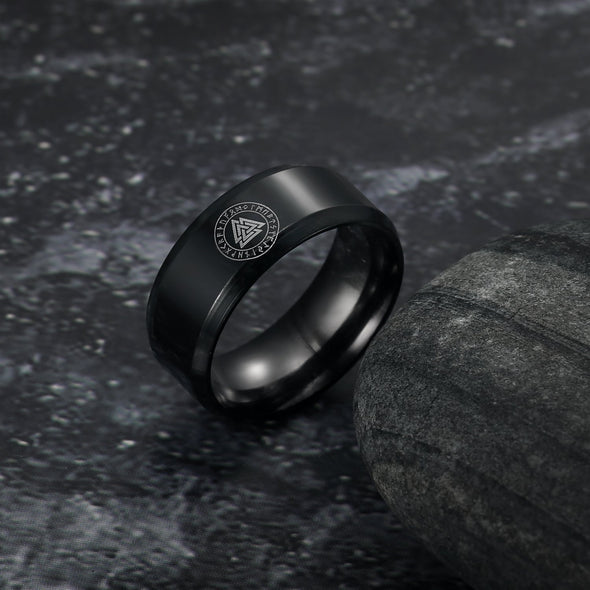 Explore Black Handcrafted Stainless Steel Valknut and Rune Ring