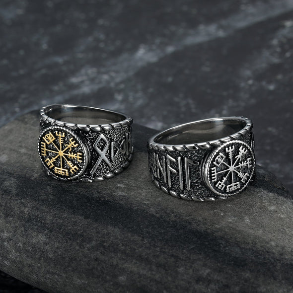 Explore Handcrafted Stainless Steel Vegvisir and Runes Ring