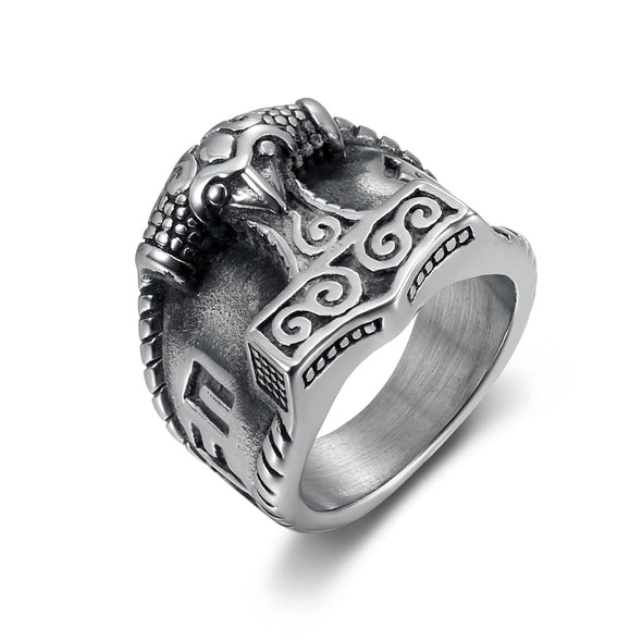 Explore Handcrafted Stainless Steel Thor's Hammer and Rune Ring