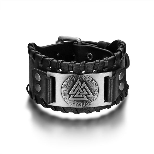 Explore Leather Buckle Arm Cuff With Metal Valknut Design