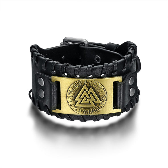 Explore Leather Buckle Arm Cuff With Metal Valknut Design