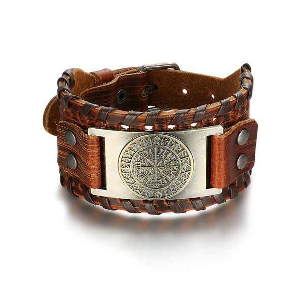 Explore Leather Buckle Arm Cuff With Metal Vegvisir Design