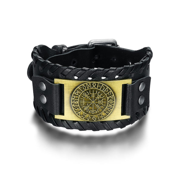 Explore Leather Buckle Arm Cuff With Metal Vegvisir Design