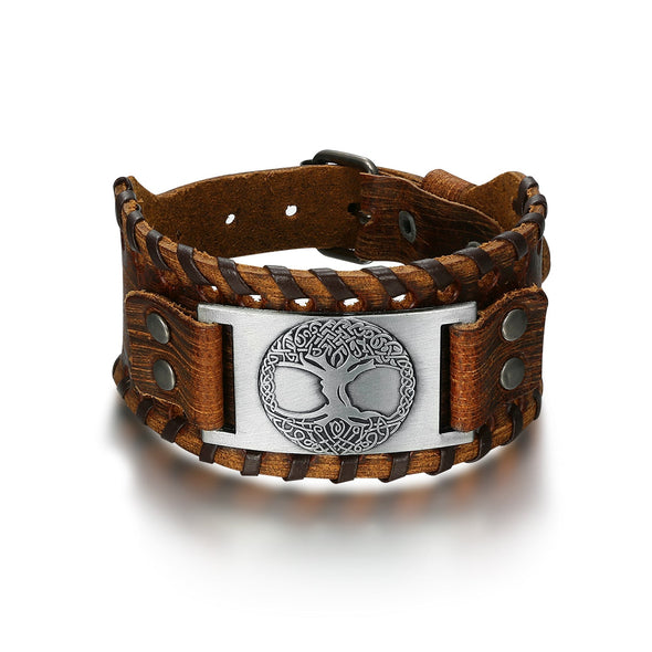 Explore Leather Buckle Arm Cuff With Metal Tree of Life / Yggdrasil Design