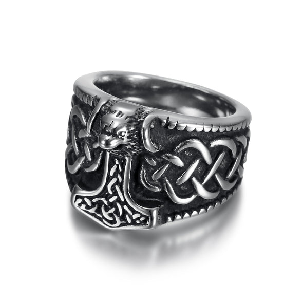 Explore Handcrafted Stainless Steel Thor's Hammer and Celtic Knotwork Ring