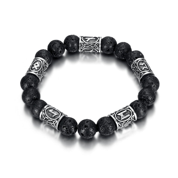 Explore Silver Rune and Black Lava Stone Bracelet