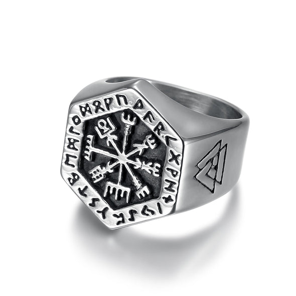 Explore Handcrafted Stainless Steel Hexagonal Vegvisir & Valknut Rune Ring