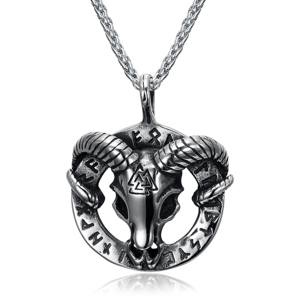 Explore Handcrafted Stainless Steel Goat Head Necklace with Valknut and Runes