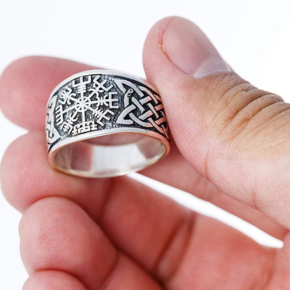 Explore 925 Sterling Silver 'Distressed' Vegvisir and Celtic Knot Viking Ring