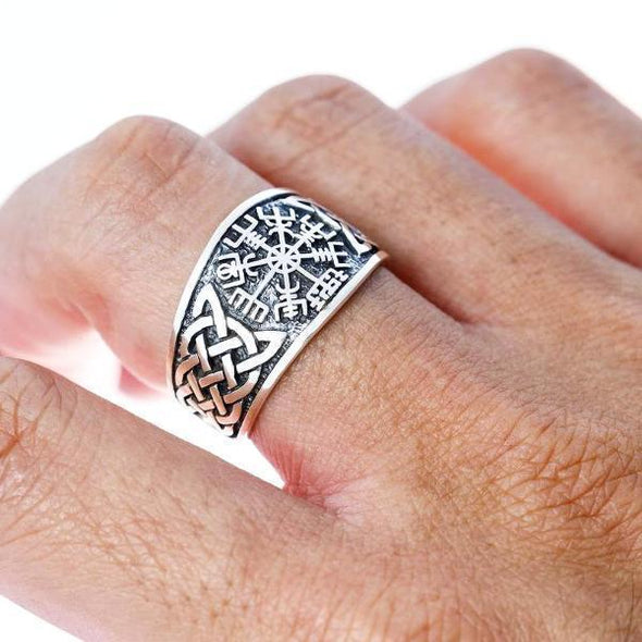 Explore 925 Sterling Silver 'Distressed' Vegvisir and Celtic Knot Viking Ring