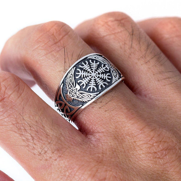 Explore 925 Sterling Silver Helm of Awe and Raven Ring