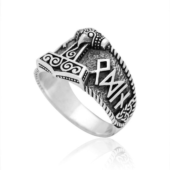 Explore 925 Sterling Silver Mjolnir and Hail Odin Runes Ring