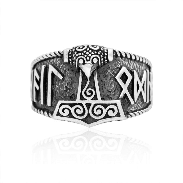 Explore 925 Sterling Silver Mjolnir and Hail Odin Runes Ring