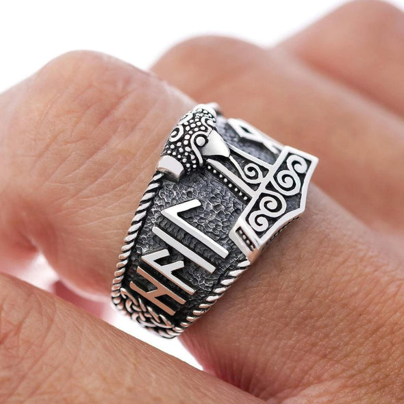 Explore 925 Sterling Silver Mjolnir and Hail Odin Runes Ring