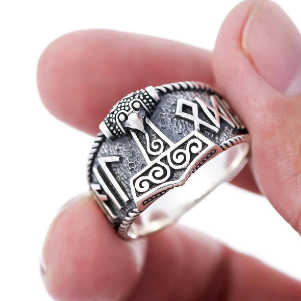 Explore 925 Sterling Silver Mjolnir and Hail Odin Runes Ring