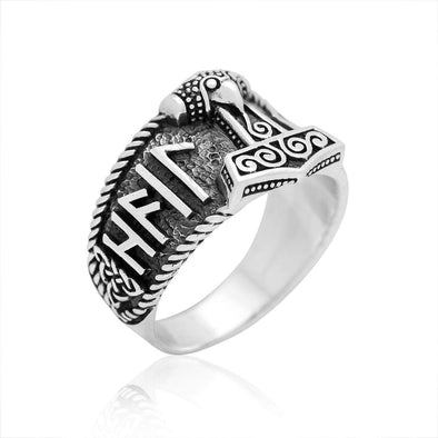 Explore 925 Sterling Silver Mjolnir and Hail Odin Runes Ring