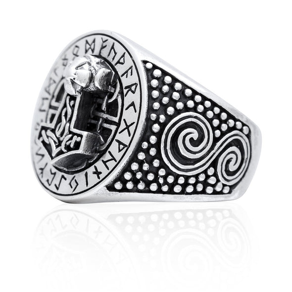 Explore 925 Sterling Silver Mjolnir and Runes Signet Ring