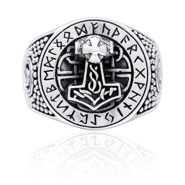 Explore 925 Sterling Silver Mjolnir and Runes Signet Ring