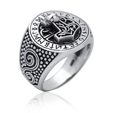 Explore 925 Sterling Silver Mjolnir and Runes Signet Ring