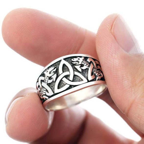 Explore 925 Sterling Silver Triquetra Ring with Jormungand Serpents