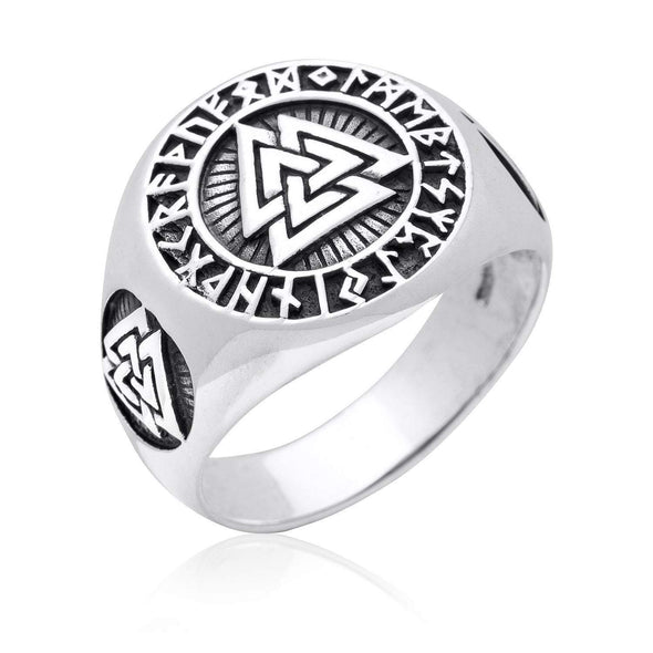 Explore 925 Sterling Silver Valknut and Runes Signet Ring