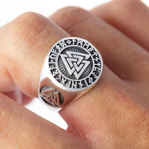 Explore 925 Sterling Silver Valknut and Runes Signet Ring