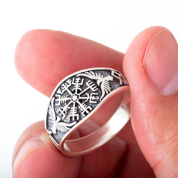 Explore 925 Sterling Silver Vegvisir and Raven Ring