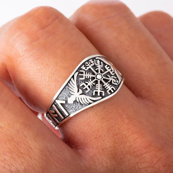 Explore 925 Sterling Silver Vegvisir and Raven Ring