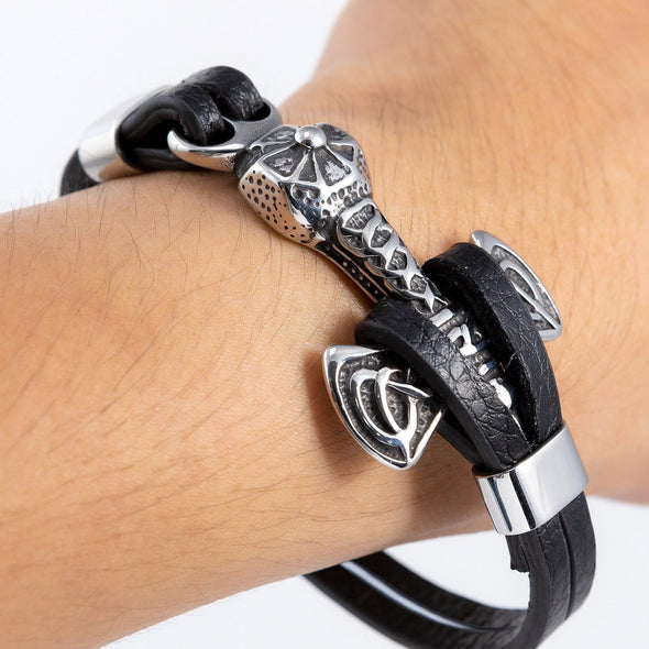 Explore Handcrafted Stainless Steel and Leather Thor's Hammer Wristband